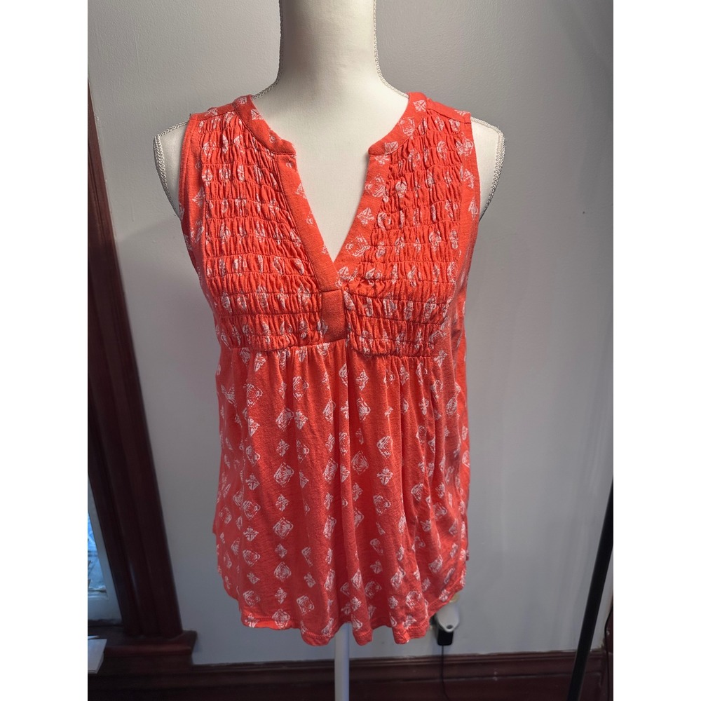 Lucky Brand Womens Coral Orange Smocked Medallion Sleeveless V-Neck Top Size M